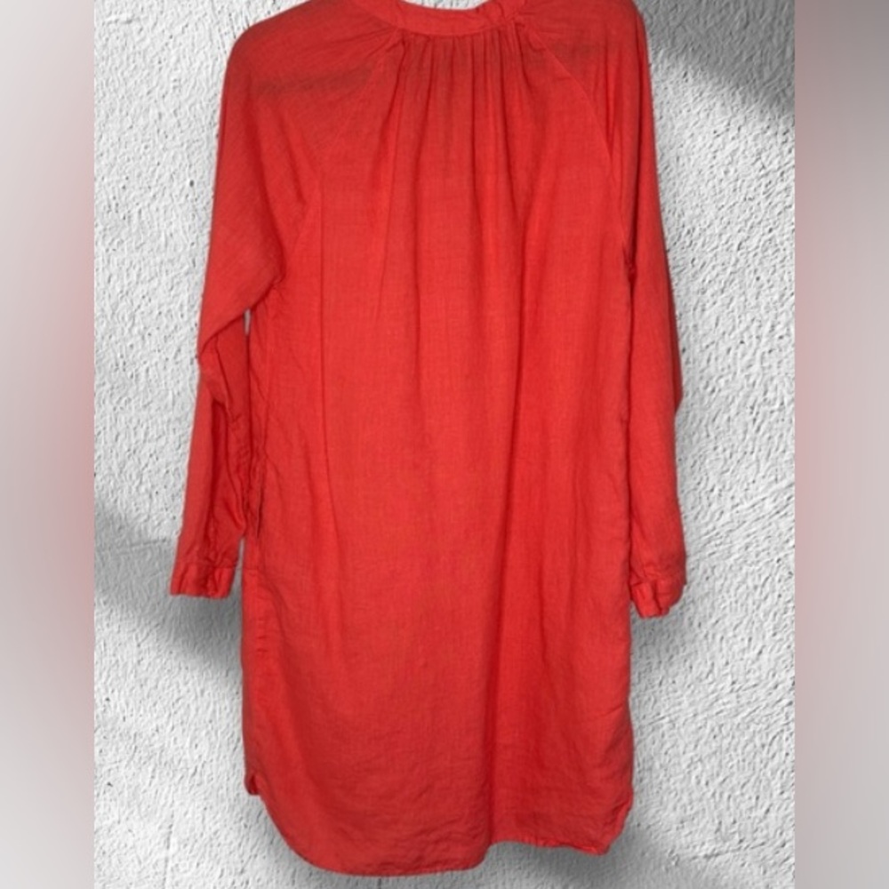 Martha Stewart Linen Henley Shirt Dress - Roll Tab Sleeve - Pockets - Coral XS - Picture 2 of 10
